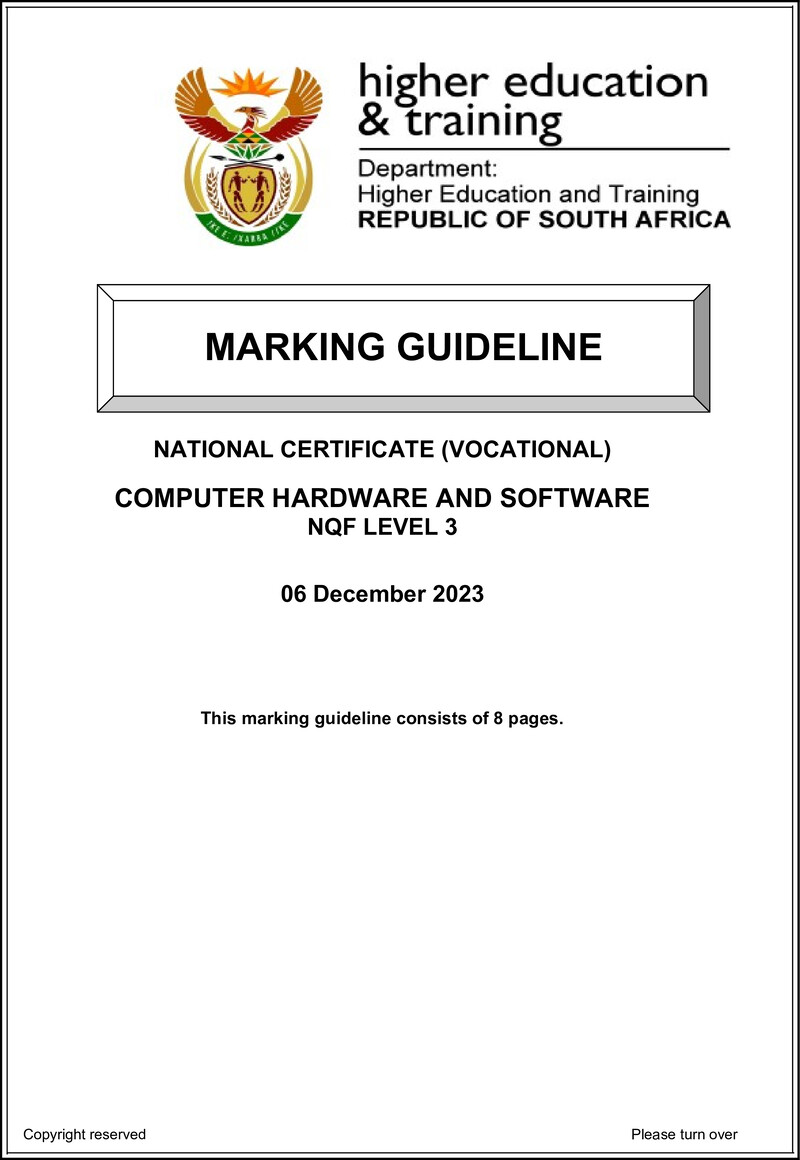 Computer Hardware and Software Level 3 DHET NCV 2023 - Memo