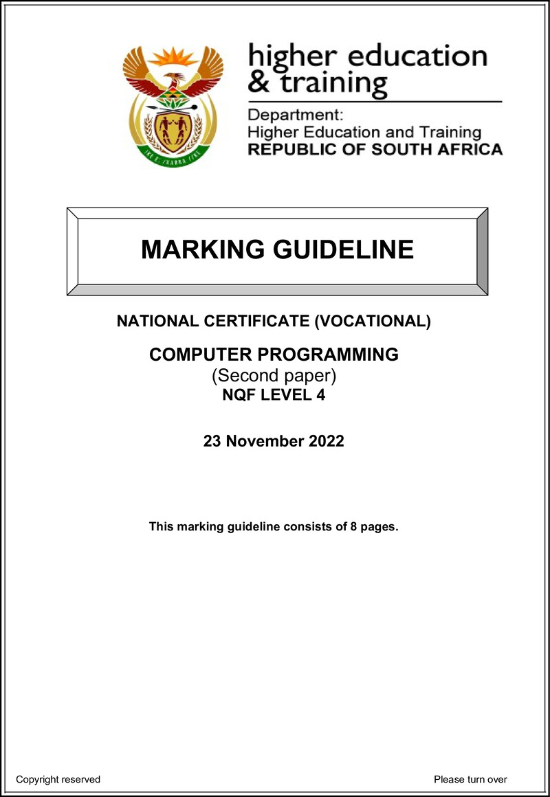 Computer Programming Level 4 DHET NCV 2022 - Memo