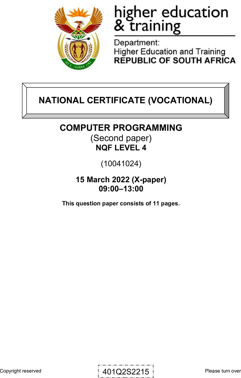 Computer Programming Level 4 DHET NCV March 2022 Paper X - Question Paper