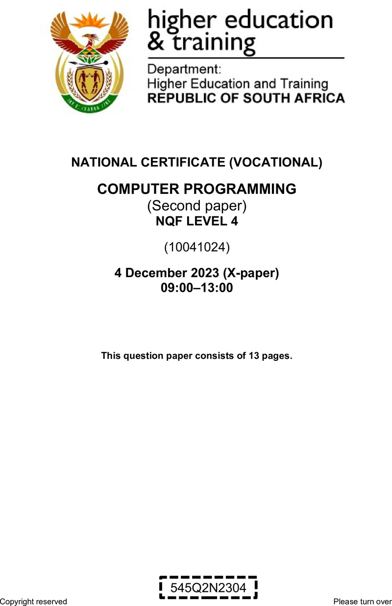 Computer Programming Level 4 DHET NCV December 2023 Paper X - Question Paper