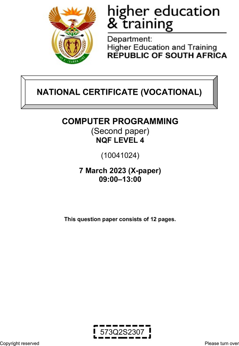 Computer Programming Level 4 DHET NCV March 2023 Paper X - Question Paper