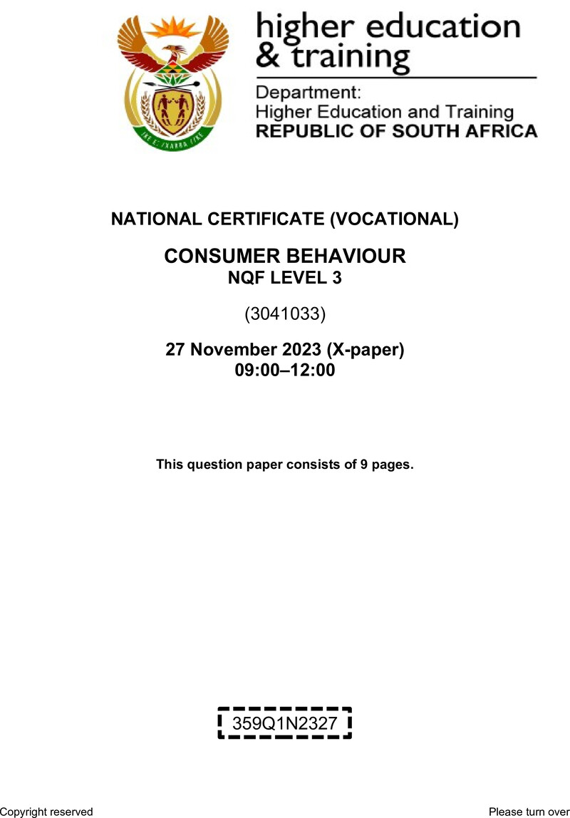 Consumer Behaviour Level 3 DHET NCV November 2023 Paper X - Question Paper