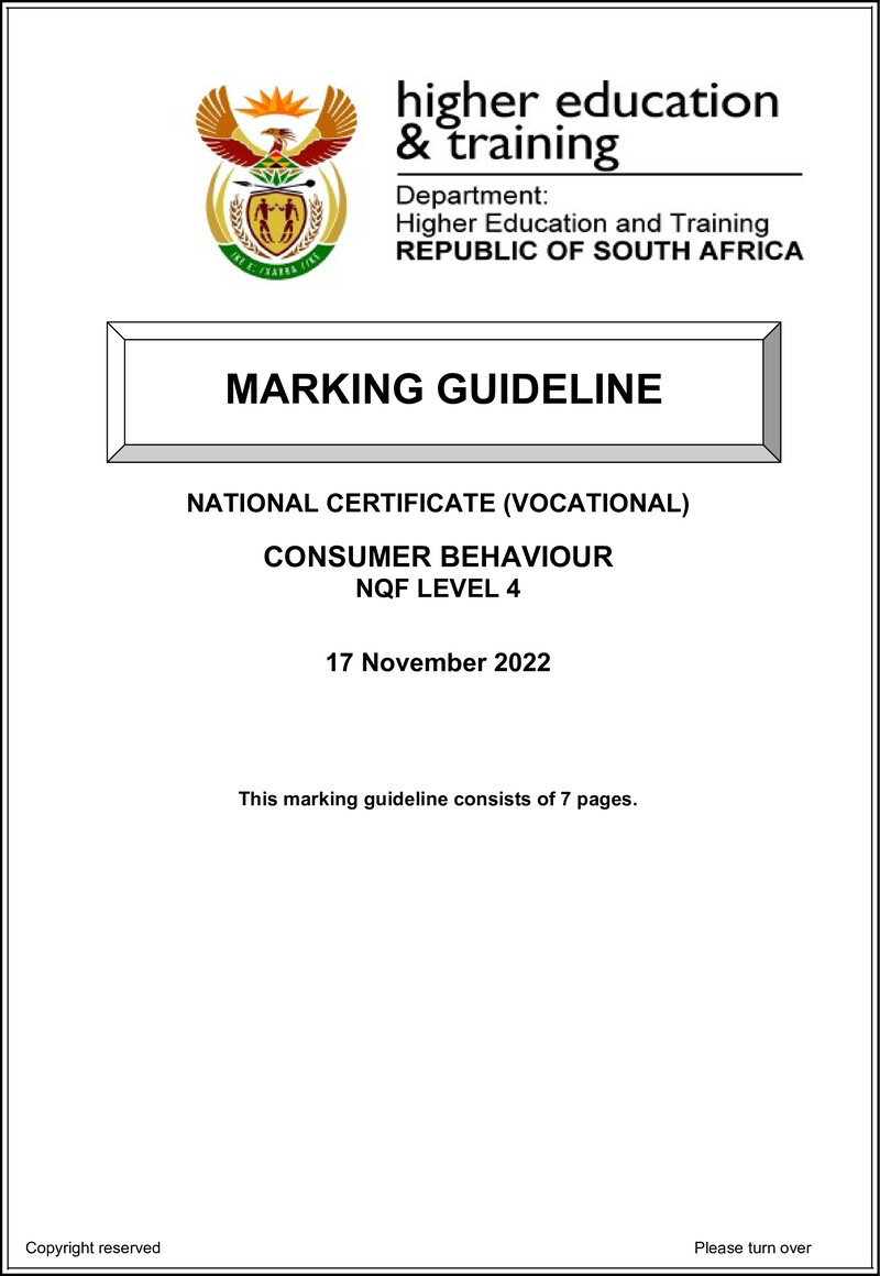 Consumer Behaviour Level 4 DHET NCV 2022 - Memo