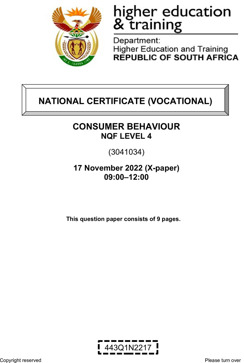 Consumer Behaviour Level 4 DHET NCV November 2022 Paper X - Question Paper