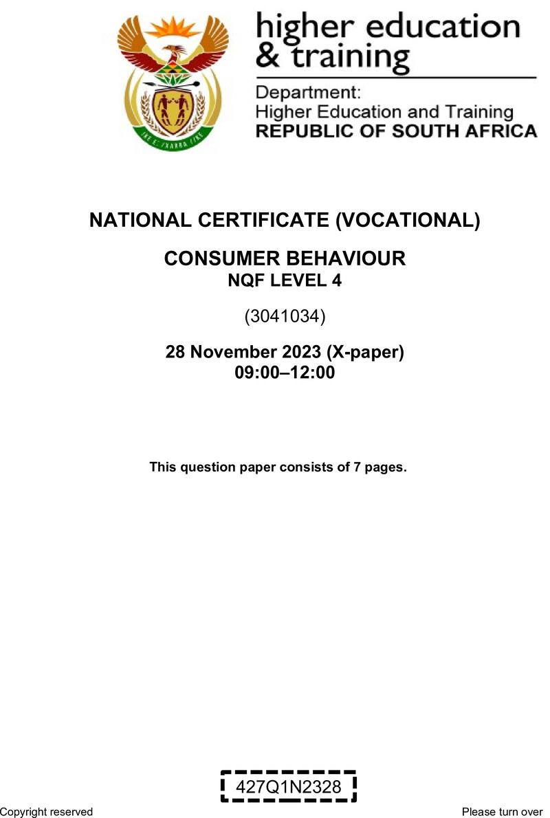 Consumer Behaviour Level 4 DHET NCV November 2023 Paper X - Question Paper