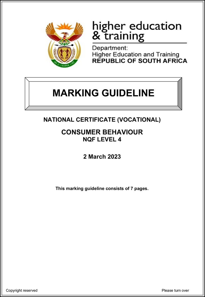 Consumer Behaviour Level 4 DHET NCV March 2023 - Memo