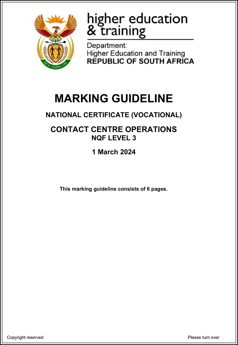 Contact Centre Operations Level 3 DHET NCV March 2024 - Memo