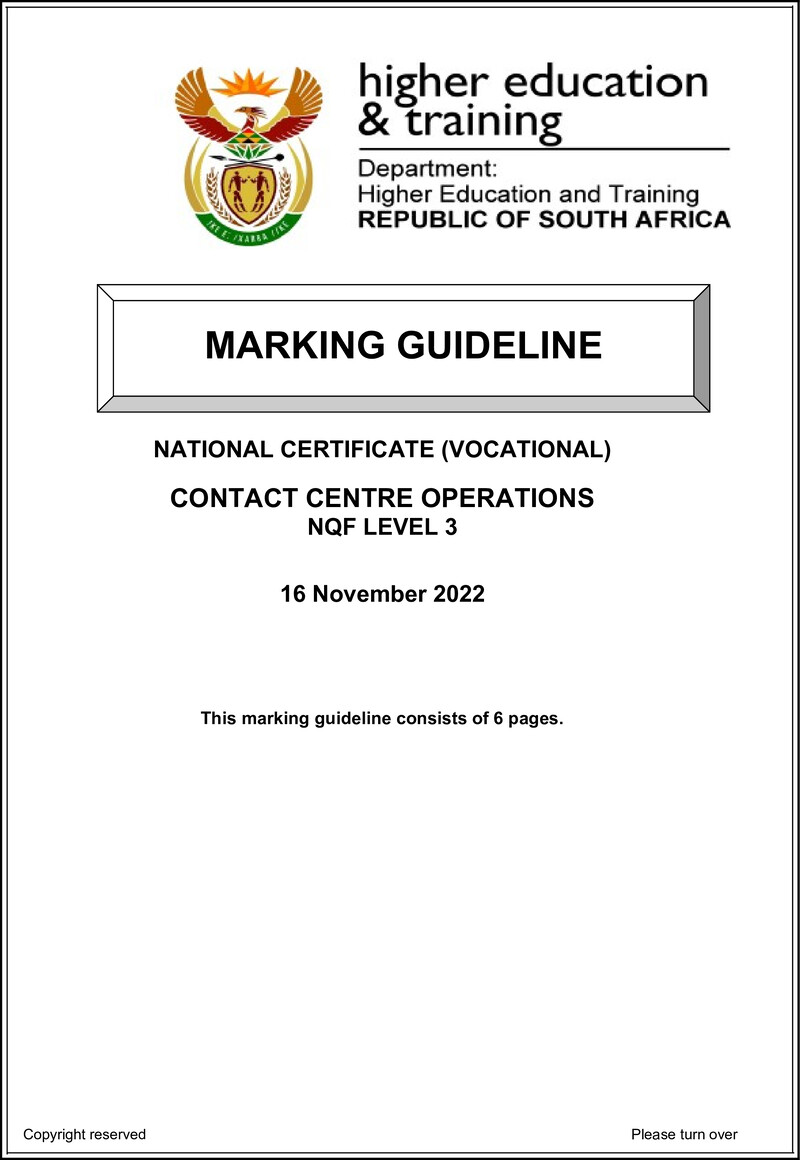 Contact Centre Operations Level 3 DHET NCV 2022 - Memo