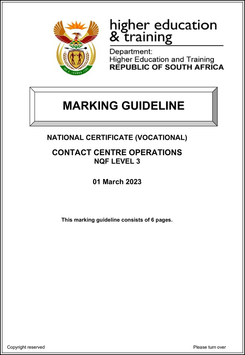 Contact Centre Operations Level 3 DHET NCV March 2023 - Memo