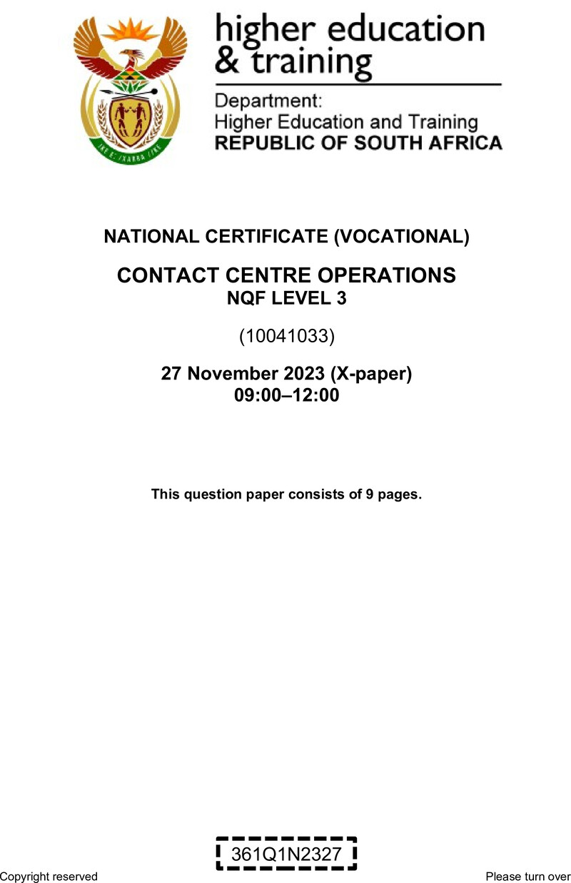 Contact Centre Operations Level 3 DHET NCV November 2023 Paper X - Question Paper