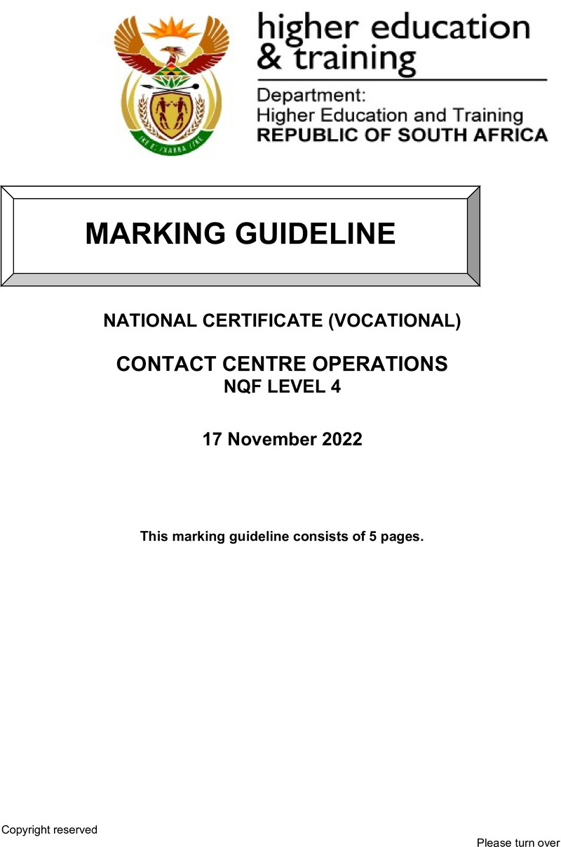 Contact Centre Operations Level 4 DHET NCV 2022 - Memo