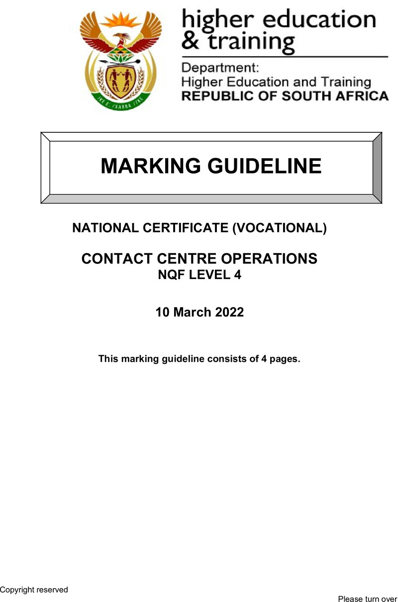 Contact Centre Operations Level 4 DHET NCV March 2022 - Memo