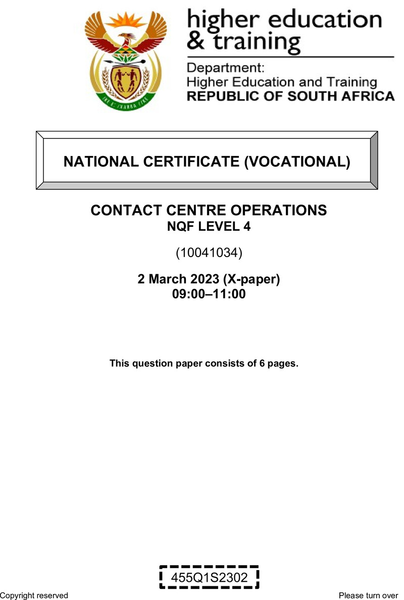 Contact Centre Operations Level 4 DHET NCV March 2023 Paper X - Question Paper