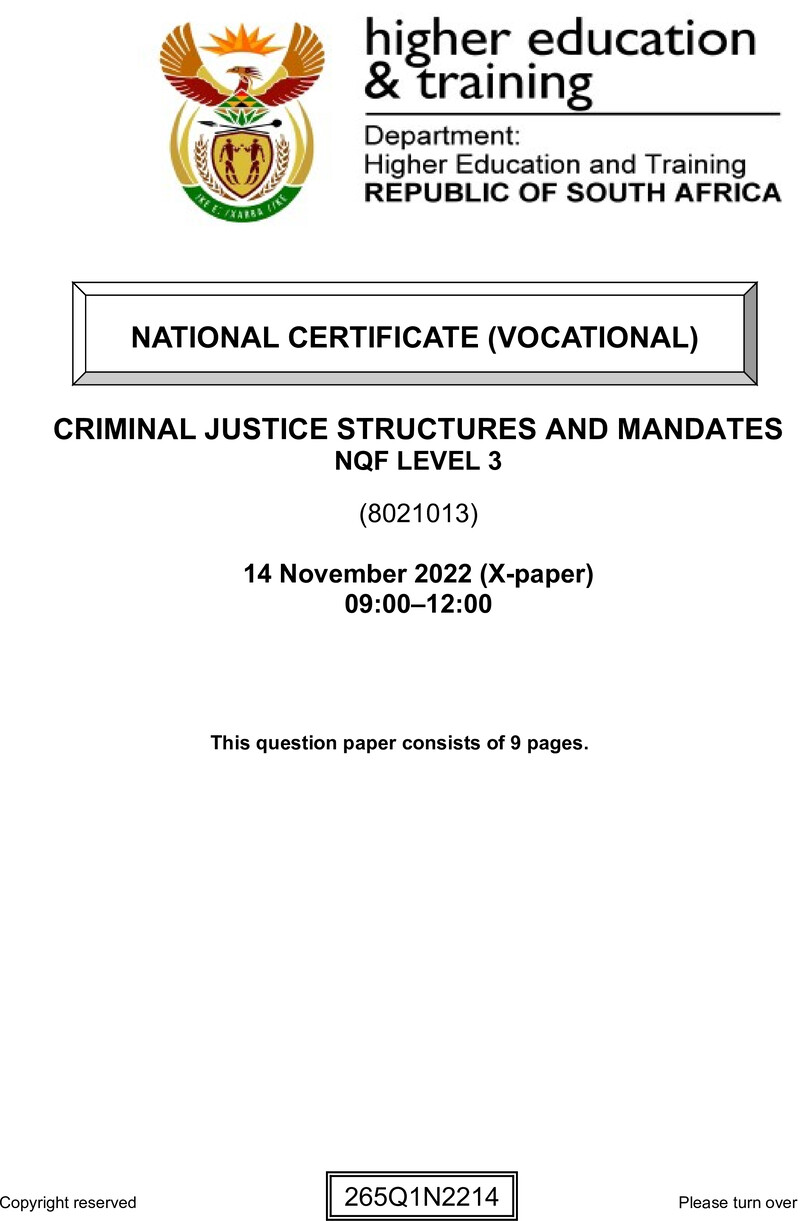 Criminal Justice Structures and Mandates Level 3 DHET NCV November 2022 Paper X - Question Paper