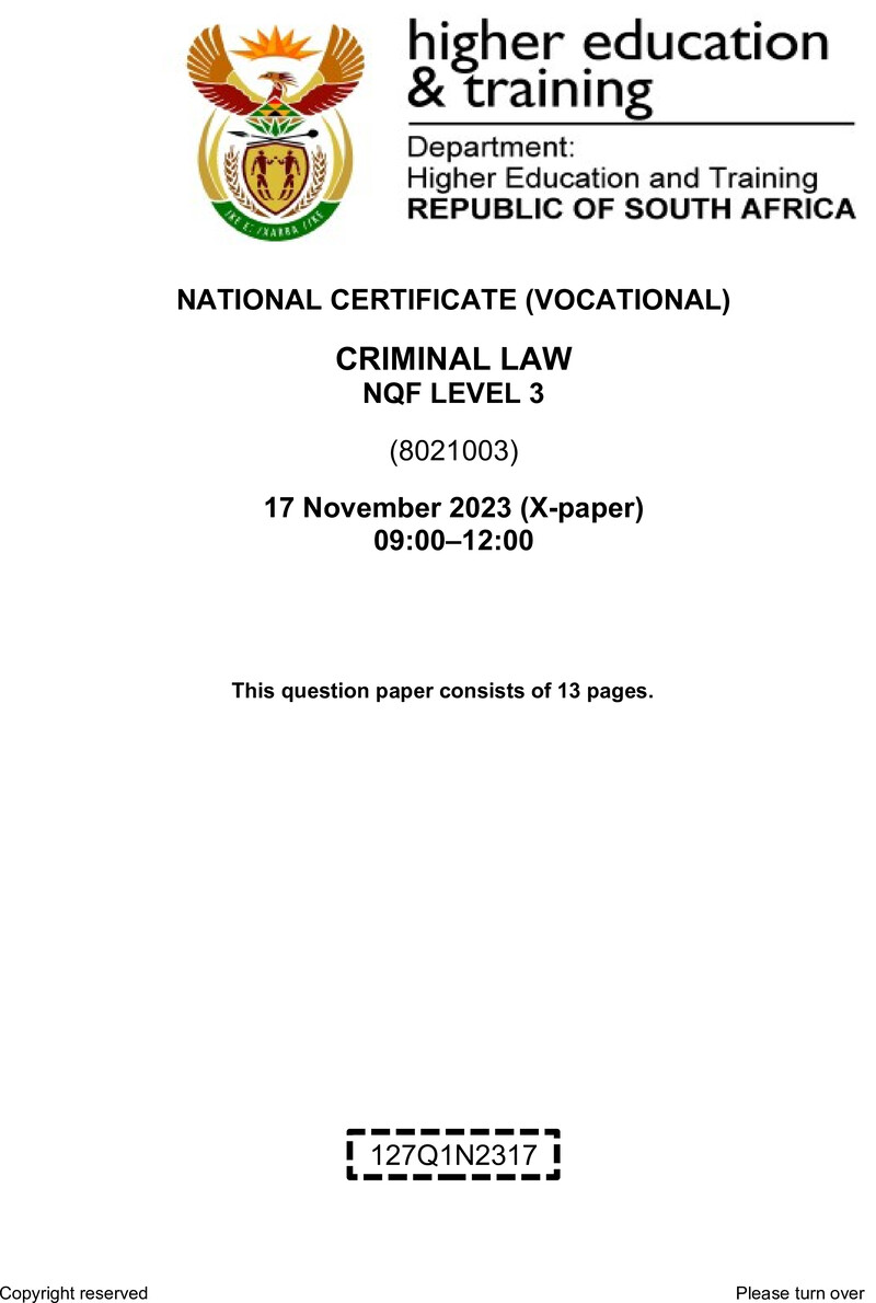 Criminal Law Level 3 DHET NCV November 2023 Paper X - Question Paper