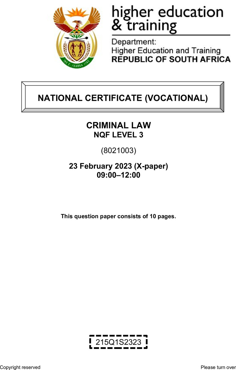 Criminal Law Level 3 DHET NCV February 2023 Paper X - Question Paper