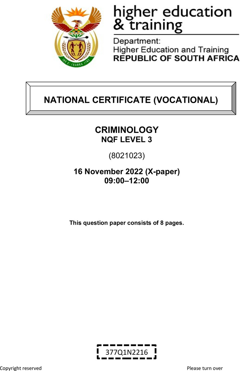 Criminology Level 3 DHET NCV November 2022 Paper X - Question Paper