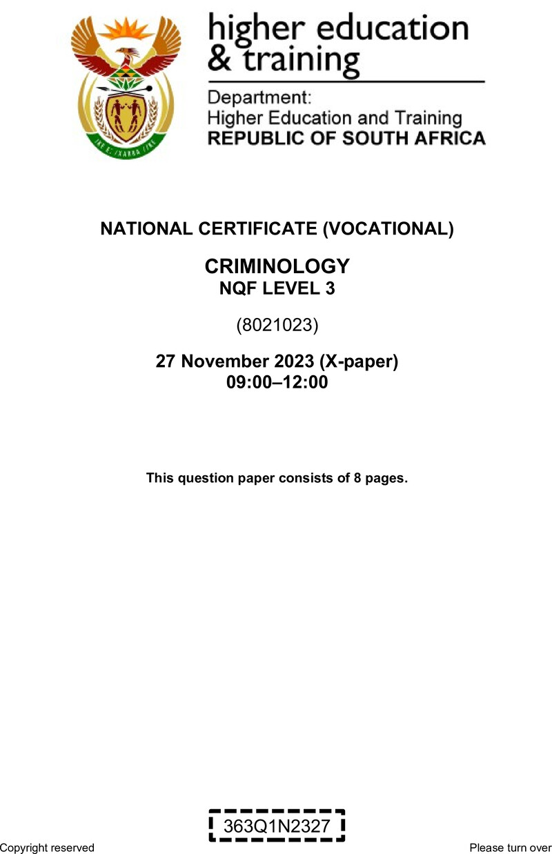 Criminology Level 3 DHET NCV November 2023 Paper X - Question Paper