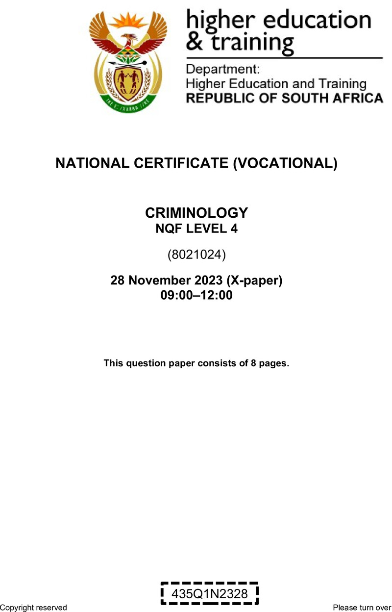 Criminology Level 4 DHET NCV November 2023 Paper X - Question Paper