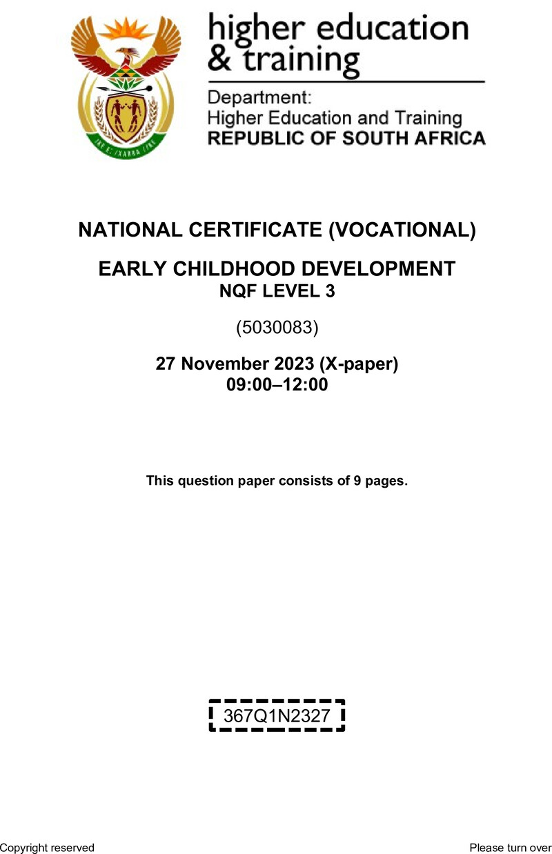 Early Childhood Development Level 3 DHET NCV November 2023 Paper X - Question Paper