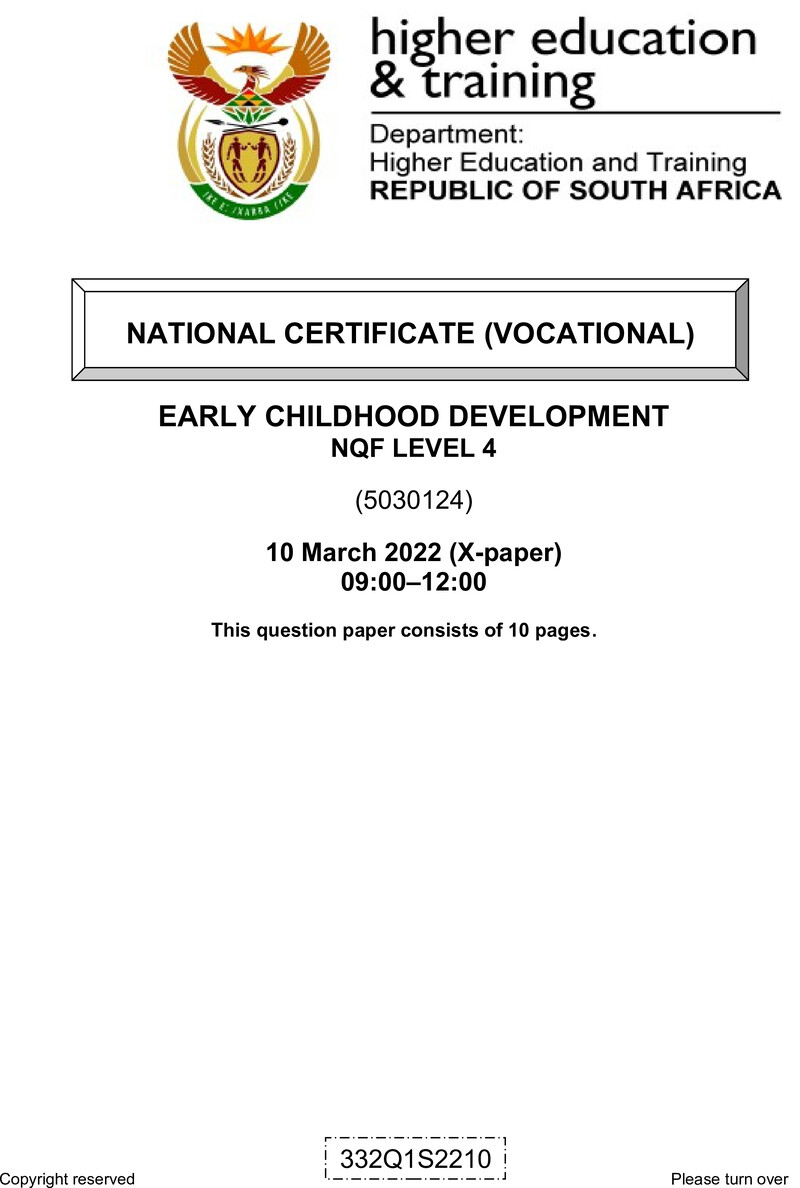 Early Childhood Development Level 4 DHET NCV March 2022 Paper X - Question Paper