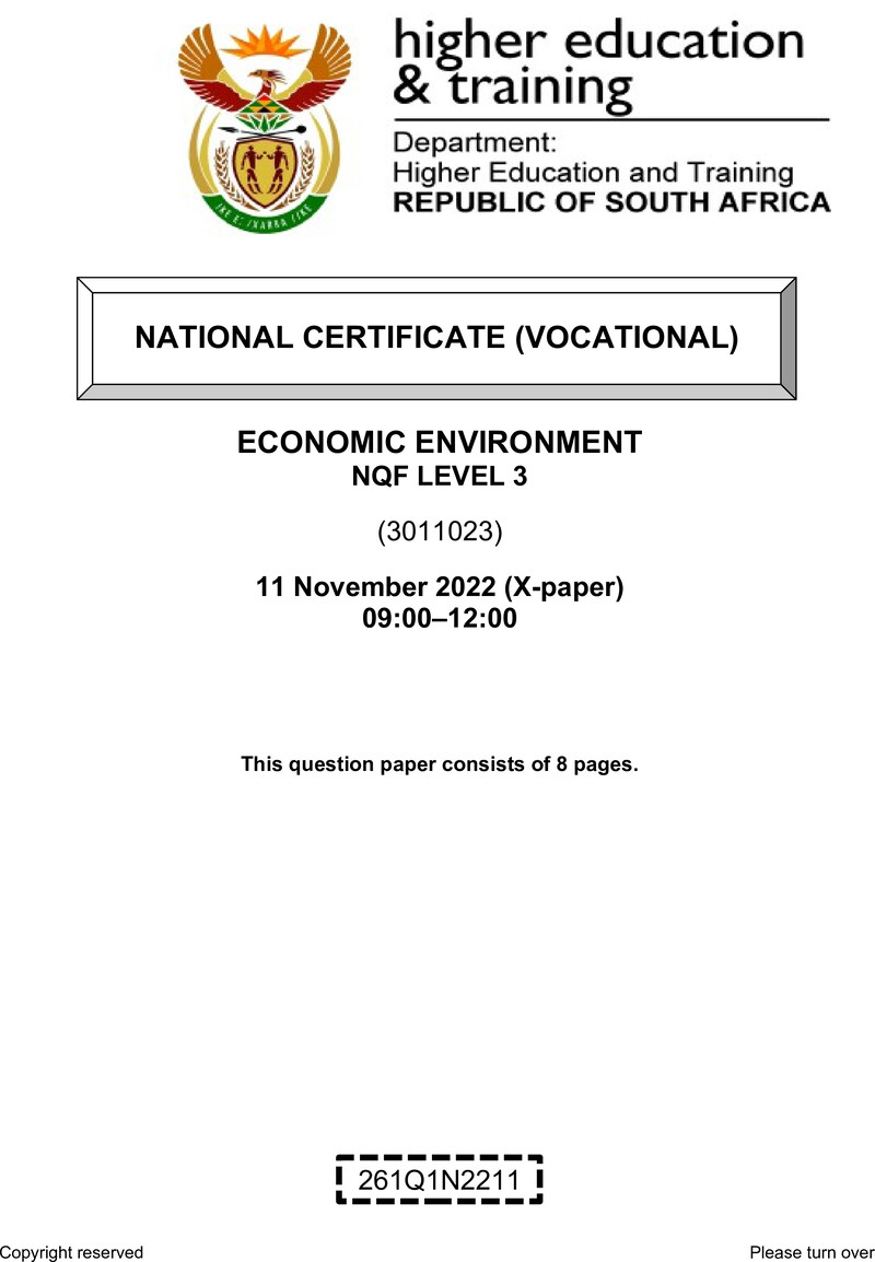 Economic Environment Level 3 DHET NCV November 2022 Paper X - Question Paper