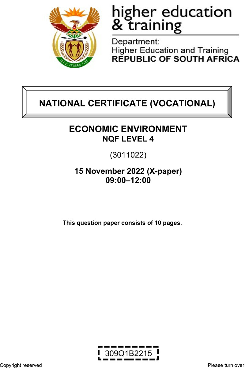 Economic Environment Level 4 DHET NCV November 2022 Paper X - Question Paper