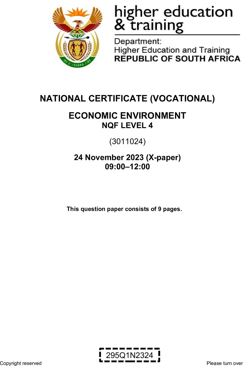 Economic Environment Level 4 DHET NCV November 2023 Paper X - Question Paper