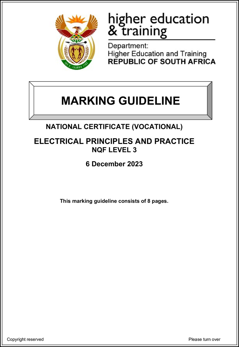 Electrical Principles and Practice Level 3 DHET NCV 2023 - Memo