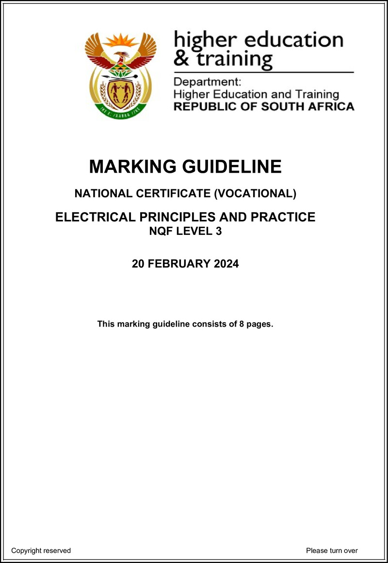 Electrical Principles and Practice Level 3 DHET NCV February 2024 - Memo