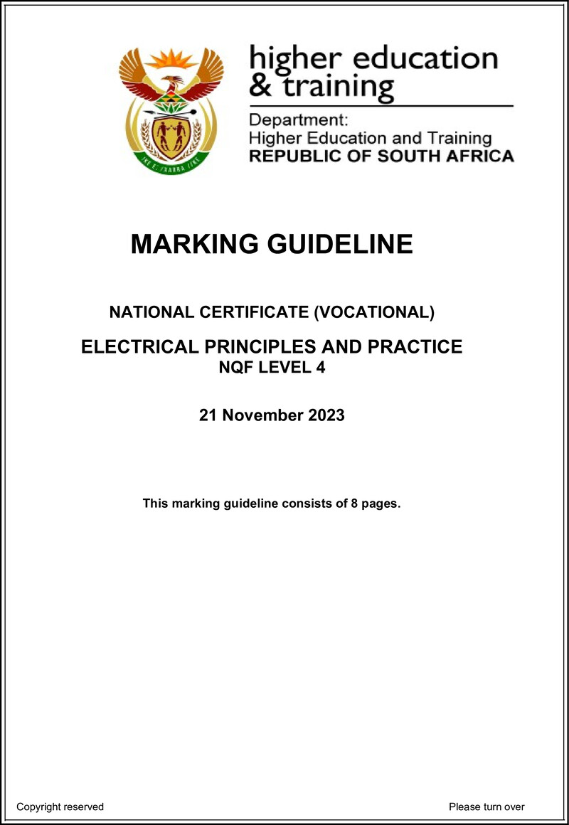Electrical Principles and Practice Level 4 DHET NCV 2023 - Memo