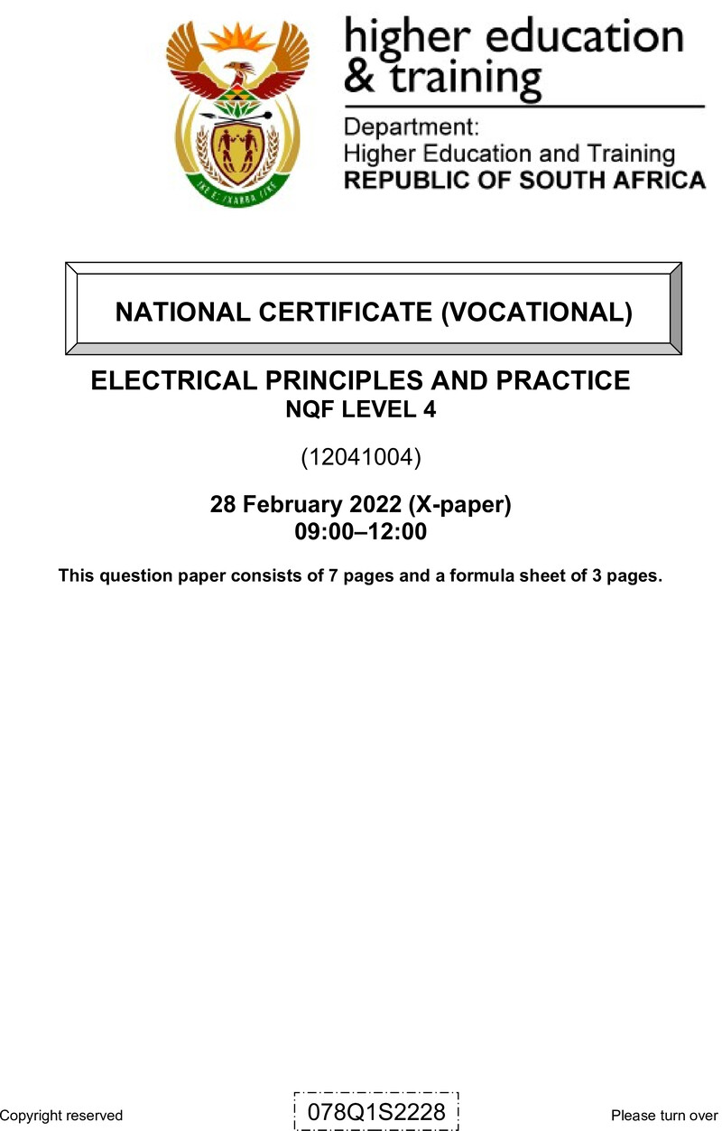 Electrical Principles and Practice Level 4 DHET NCV February 2022 Paper X - Question Paper