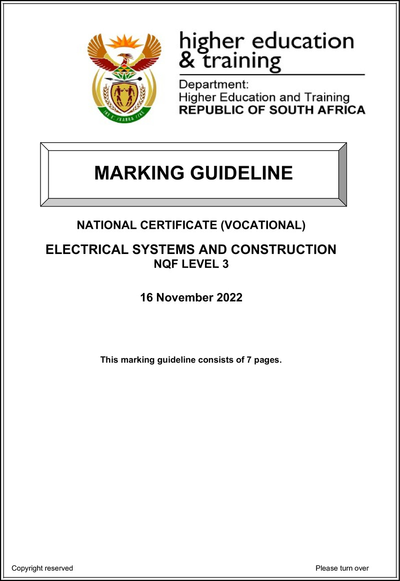 Electrical Systems and Construction Level 3 DHET NCV 2022 - Memo
