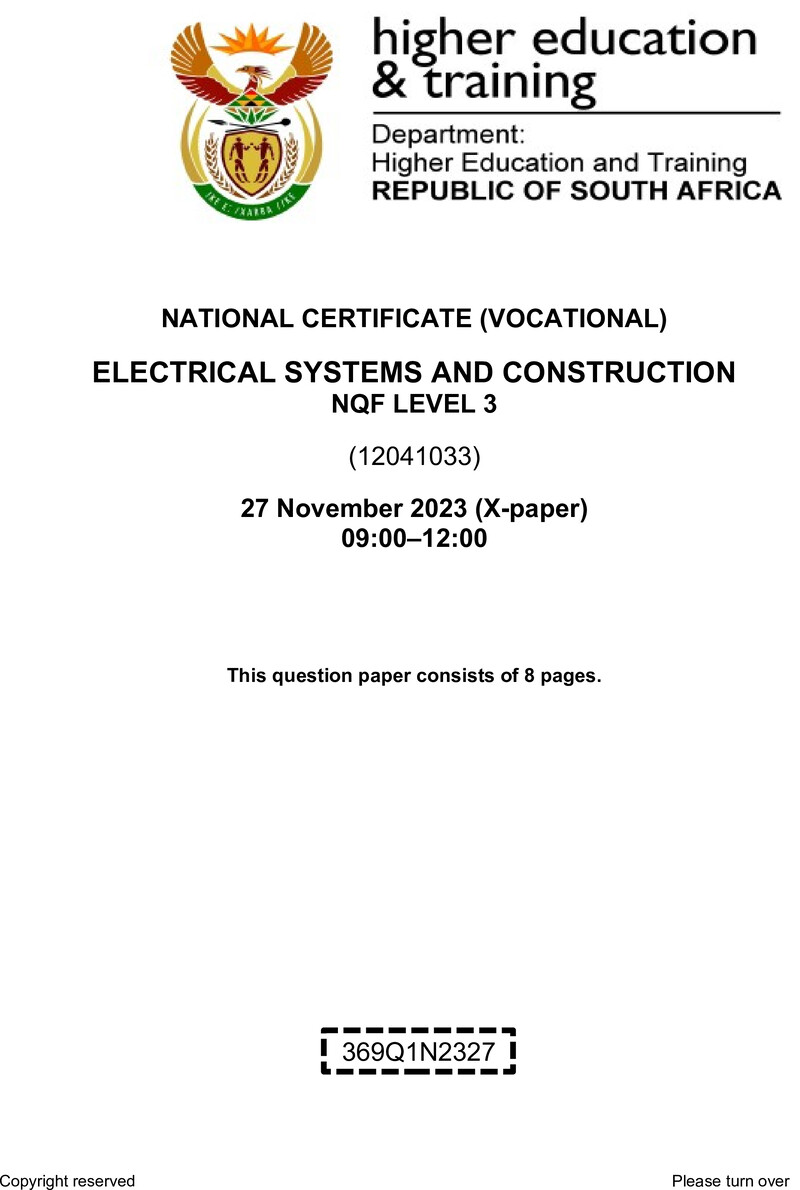 Electrical Systems and Construction Level 3 DHET NCV November 2023 Paper X - Question Paper
