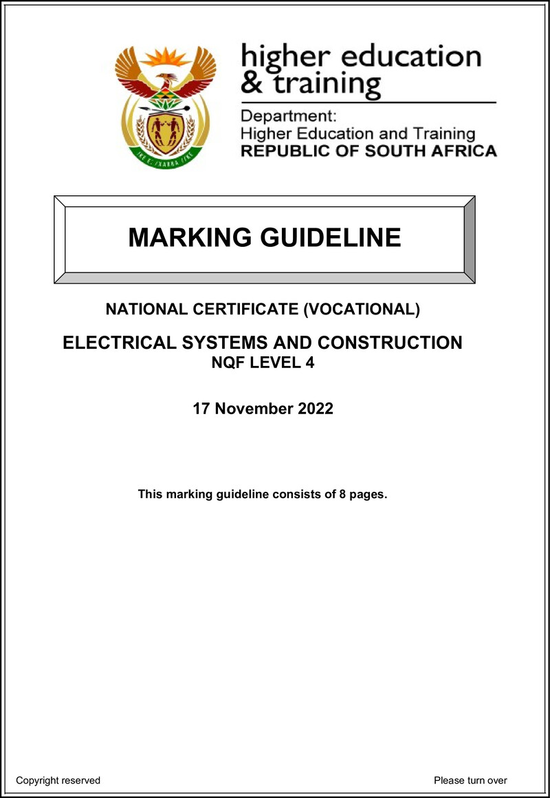 Electrical Systems and Construction Level 4 DHET NCV 2022 - Memo