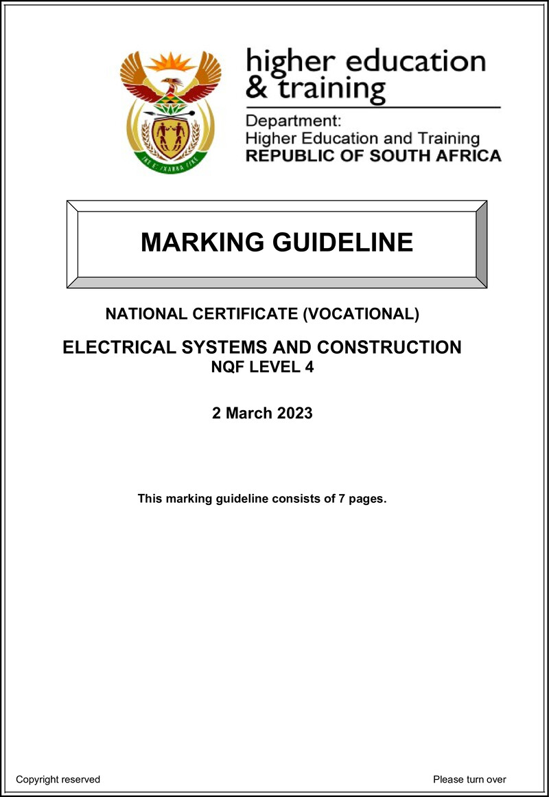 Electrical Systems and Construction Level 4 DHET NCV March 2023 - Memo