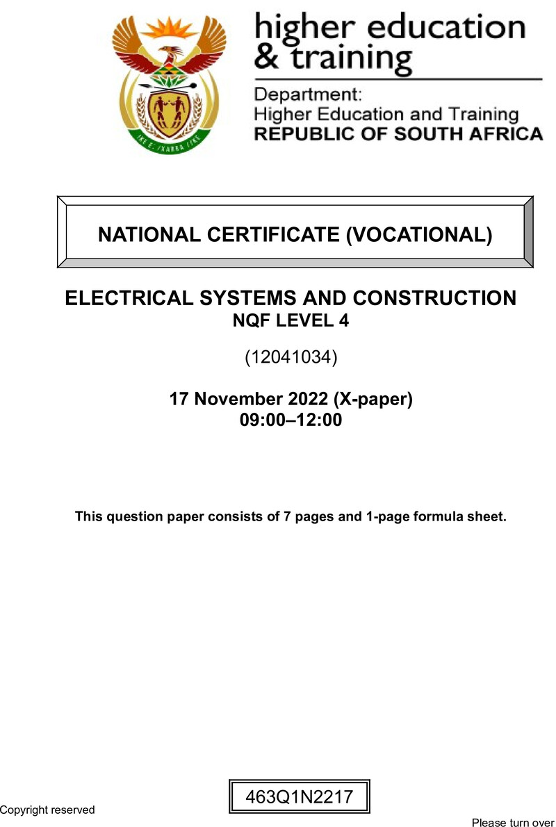 Electrical Systems and Construction Level 4 DHET NCV November 2022 Paper X - Question Paper