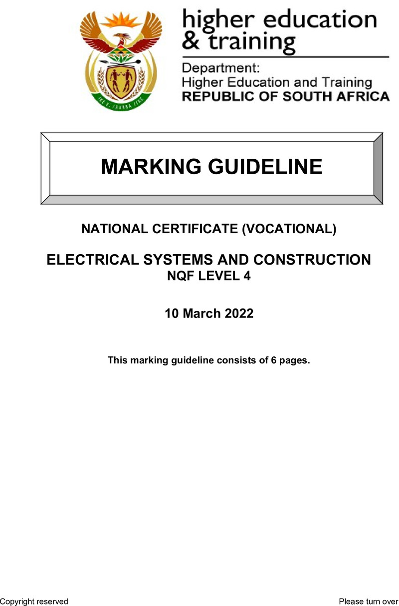 Electrical Systems and Construction Level 4 DHET NCV March 2022 - Memo