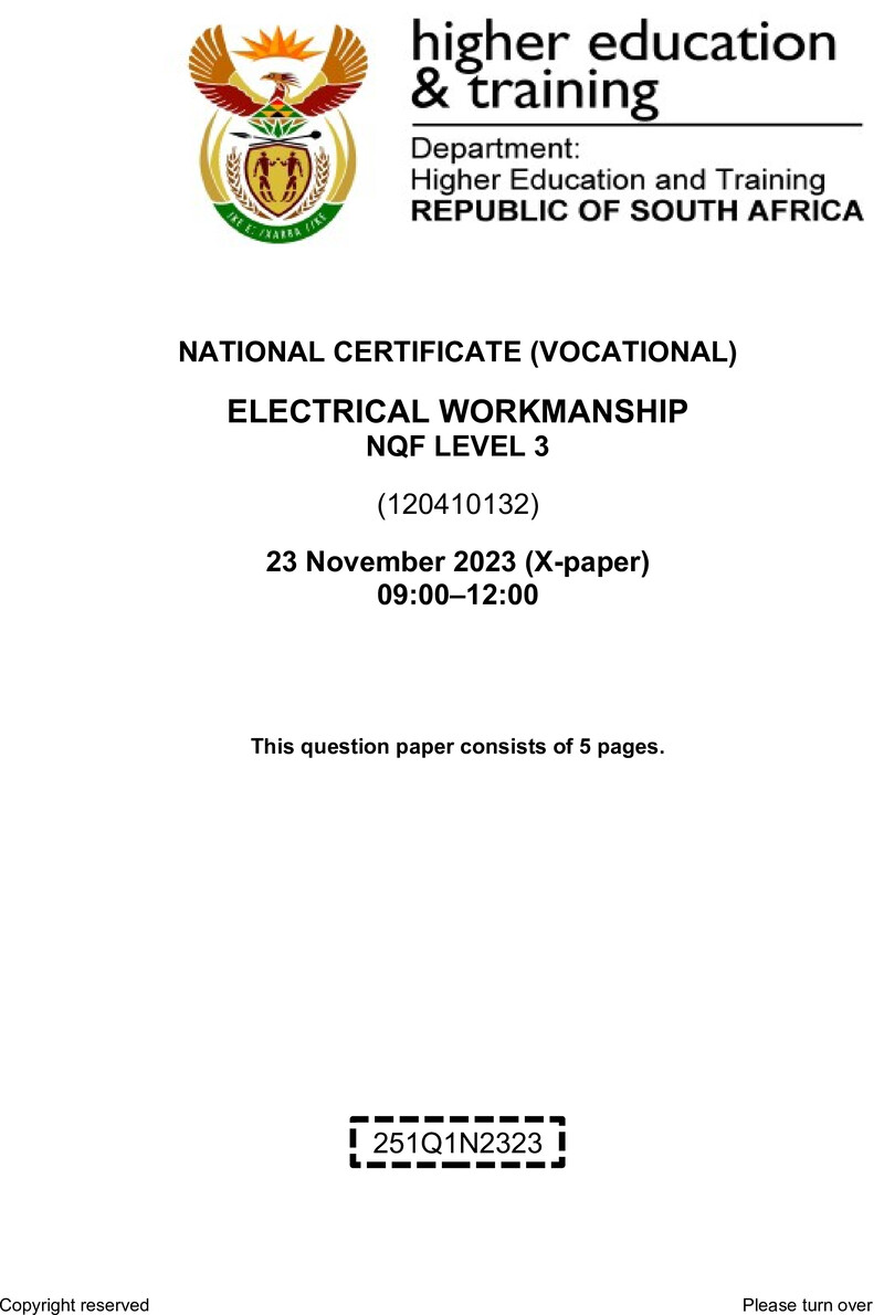 Electrical Workmanship Level 3 DHET NCV November 2023 Paper X - Question Paper