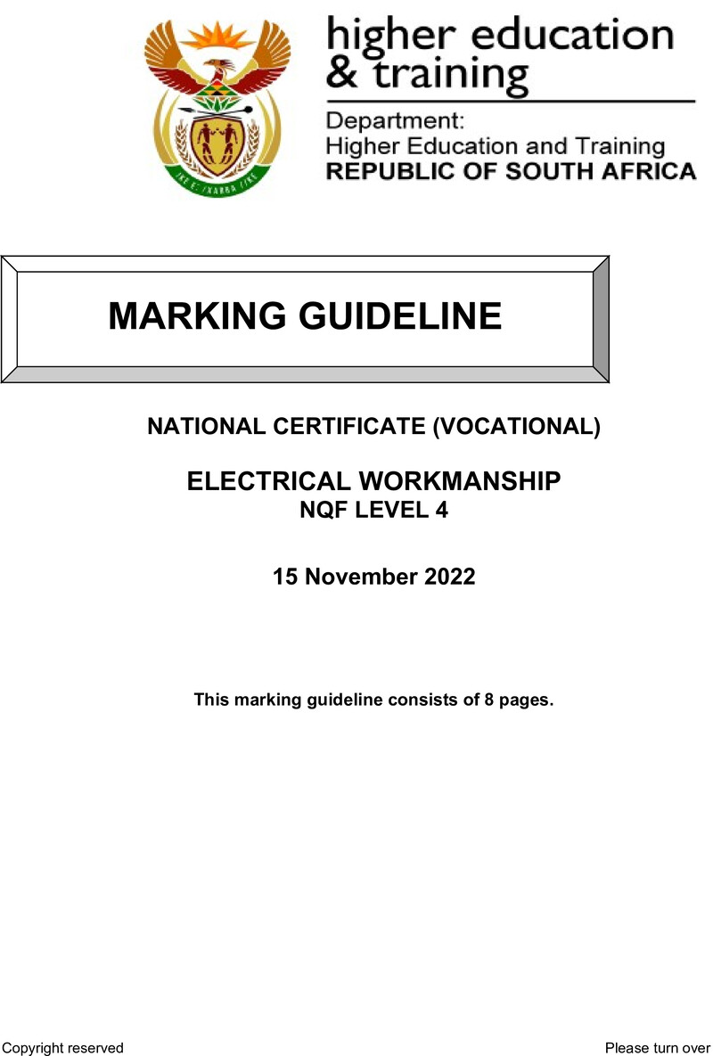 Electrical Workmanship Level 4 DHET NCV 2022 - Memo