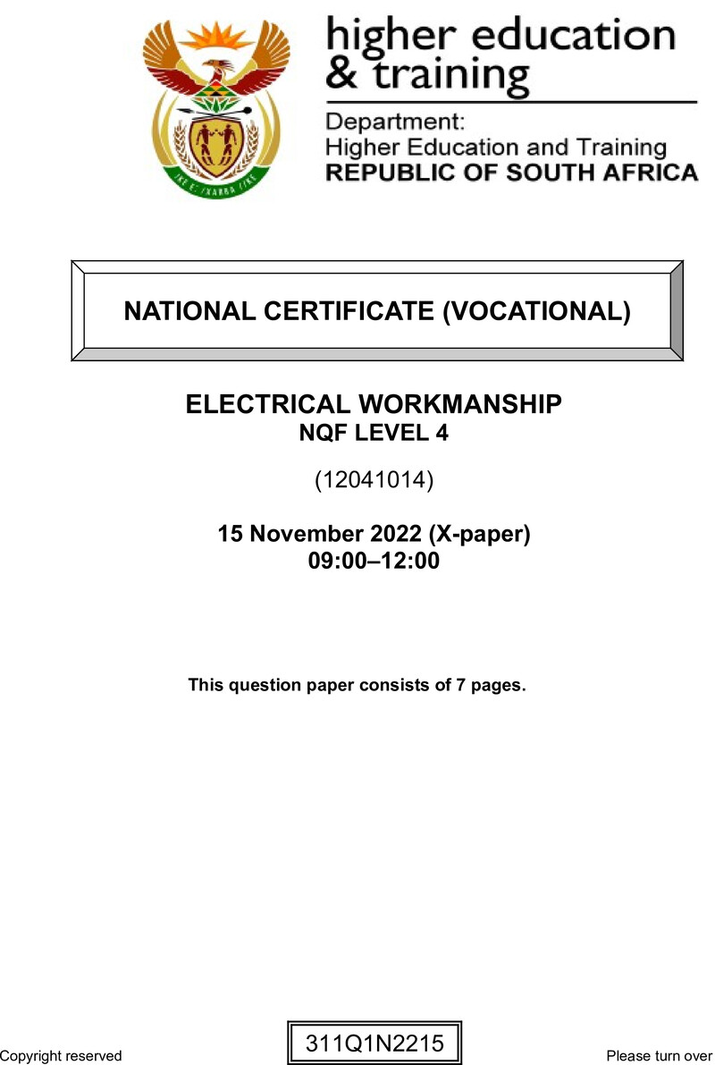 Electrical Workmanship Level 4 DHET NCV November 2022 Paper X - Question Paper