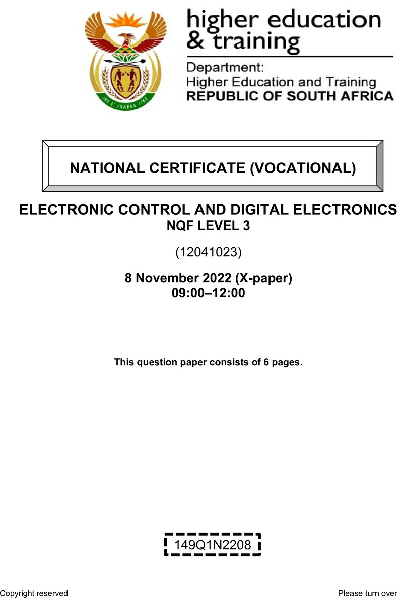 Electronic Control and Digital Electronics Level 3 DHET NCV November 2022 Paper X - Question Paper