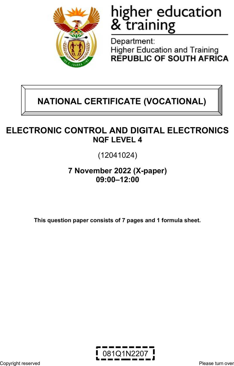 Electronic Control and Digital Electronics Level 4 DHET NCV November 2022 Paper X - Question Paper