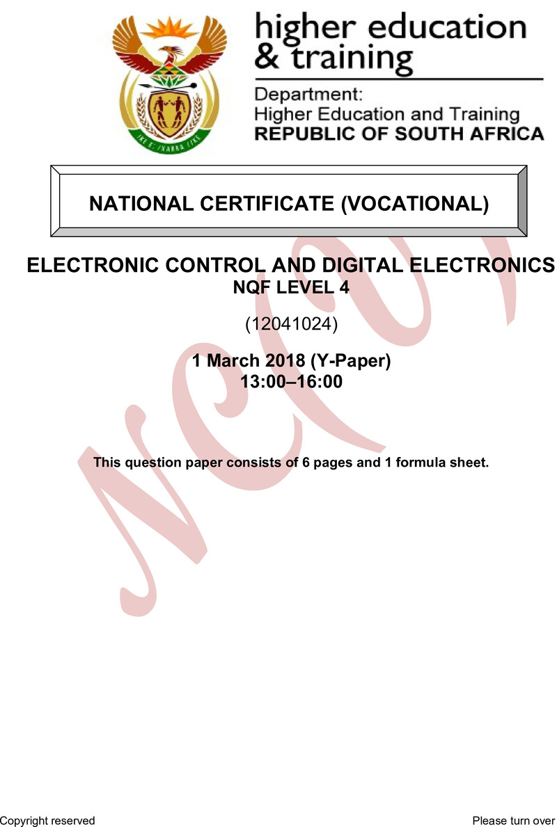 Electronic Control and Digital Electronics Level 4 DHET NCV March 2018 Paper Y - Question Paper