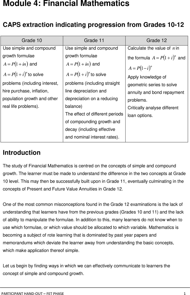 Financial Mathematics Grade 10 DBE CAPS 2023 - Teacher Guide