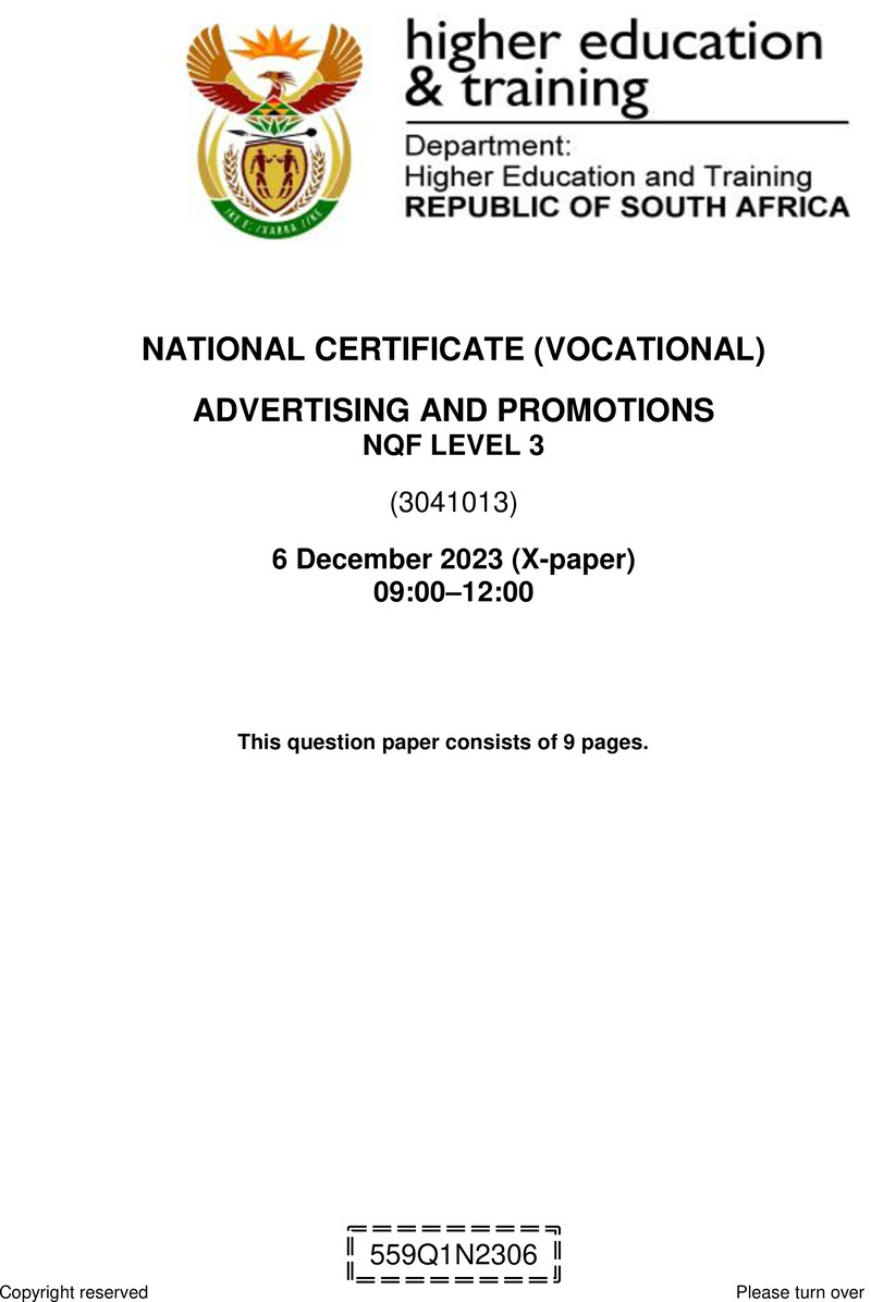 Advertising and Promotions Level 3 DHET NCV December 2023 Paper X - Question Paper