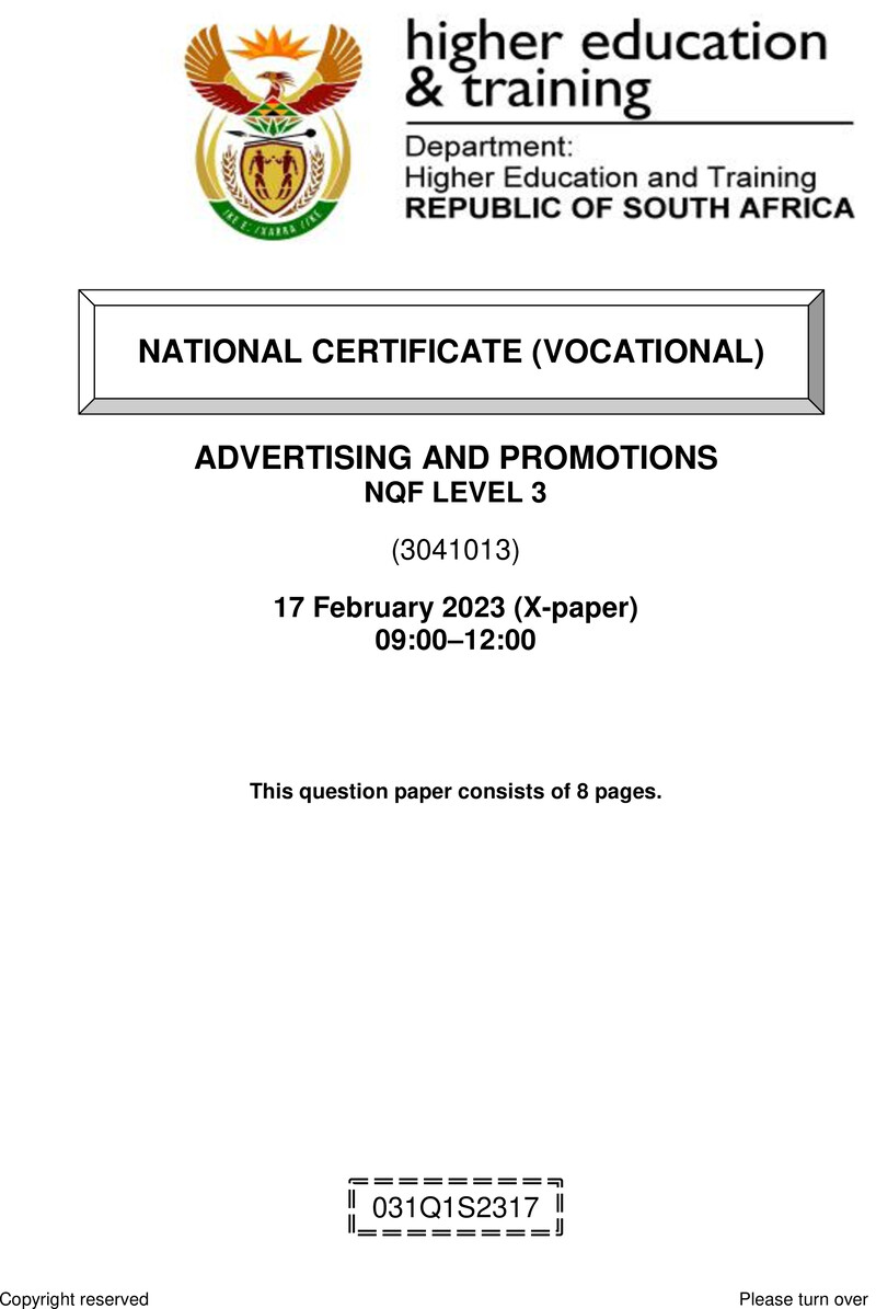Advertising and Promotions Level 3 DHET NCV February 2023 Paper X - Question Paper