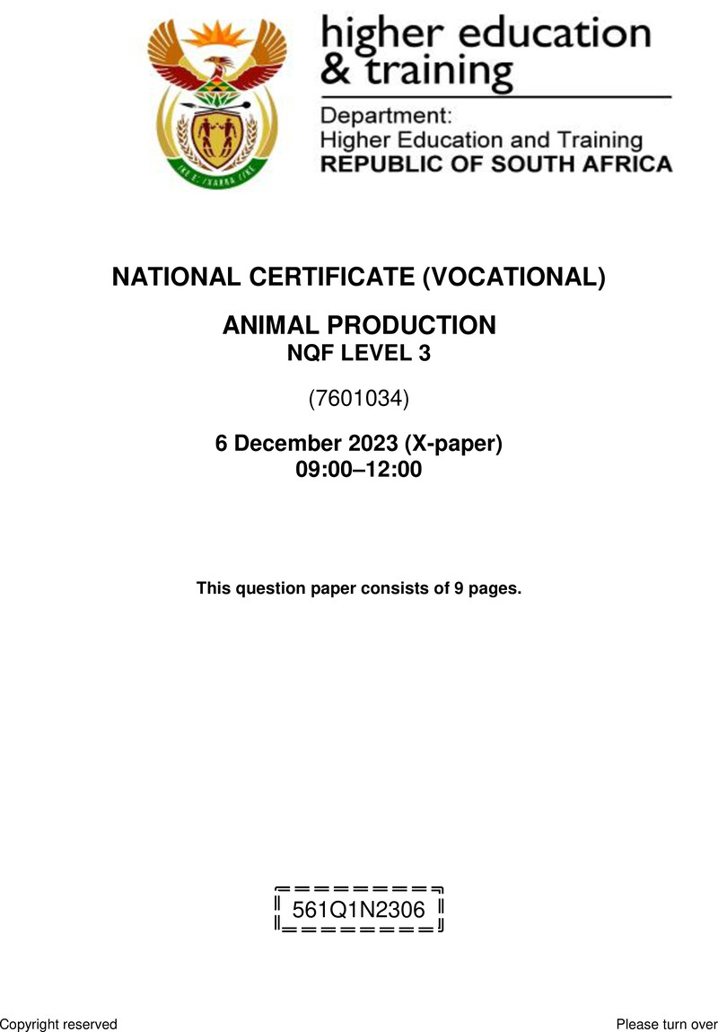 Animal Production Level 3 DHET NCV December 2023 Paper X - Question Paper