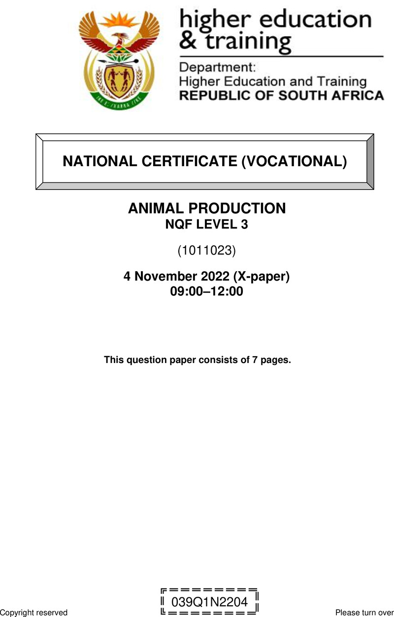 Animal Production Level 3 DHET NCV November 2022 Paper X - Question Paper