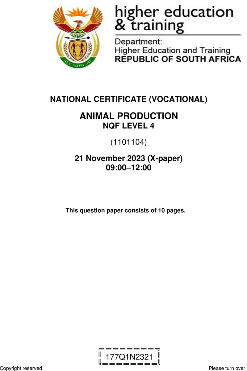 Animal Production Level 4 DHET NCV November 2023 Paper X - Question Paper